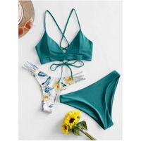 Flower braided lace up three pieces bikini swimsui