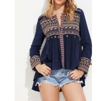 Tribal embroidered dip hem smock top m