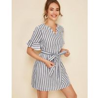 Notched neck flounce sleeve self belted striped dress xl