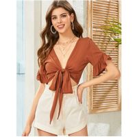 Tie front ruffle trim top m