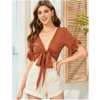 Tie front ruffle trim top m