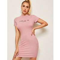 Mock-neck slogan graphic rib-knit dress m