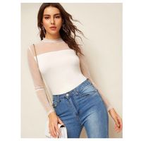 Mock-neck sheer mesh yoke slim fitted top s