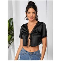 Tie front lace trim satin crop top m