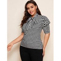 Plus tie neck puff sleeve striped top 0xl