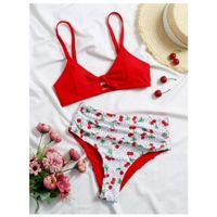 Cherry print ruched high waisted bikini swimsuit l