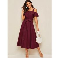 Flounce foldover button front self belted dress l