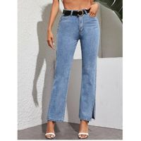 Slit hem straight leg jeans without belt l