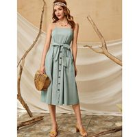 Solid belted dual pocket cami dress s