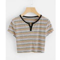 Striped ribbed crop henley tee m