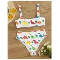 Cartoon dinosaur print high leg bikini swimsuit m