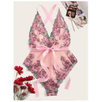 Floral embroidered knot sheer teddy bodysuit s