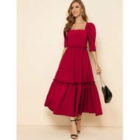 Square neck gigot sleeve frill trim flare dress m