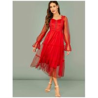 Shein flounce sleeve tiered hem dobby mesh dress m