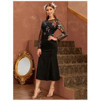 Floral embroidered dobby mesh overlay bodice fishtail hem dress m