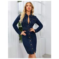 Button front buckle belted slit hem denim dress m