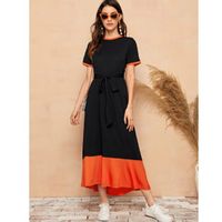 Contrast binding ruffle hem belted dress l