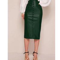 Notched waistband buttoned front pu leather skirt