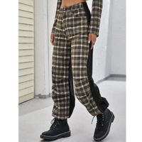 Tartan print color block slant pocket pants l