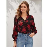 V-neck ruffle cuff floral print top m