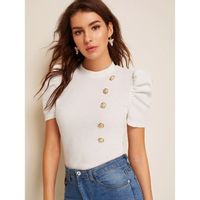 Shein mock-neck puff sleeve button front top m