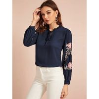 Shein frill trim tie neck embroidered botanical top m