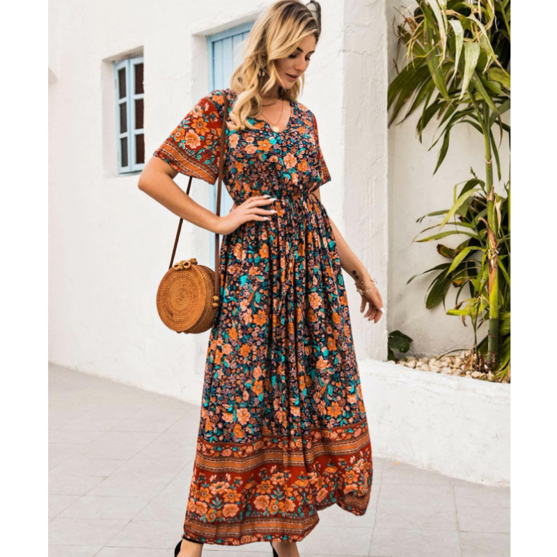 Butterfly sleeve tribal floral maxi dress l