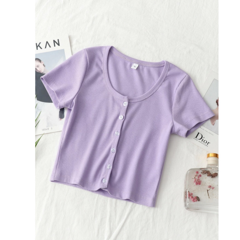 Button through fitted crop tee s