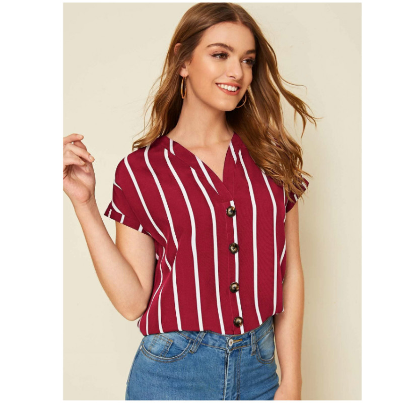 Striped button front top l