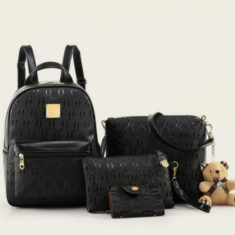 Textured pocket front backpack with purse 4pcs