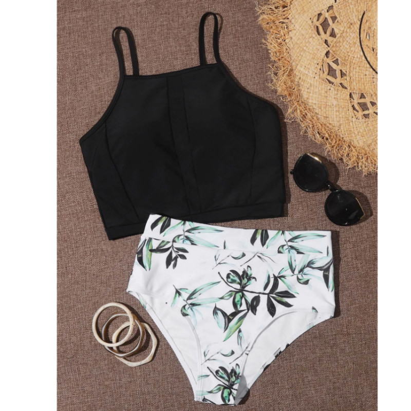 Leaf print high waisted bikini swimsuit l