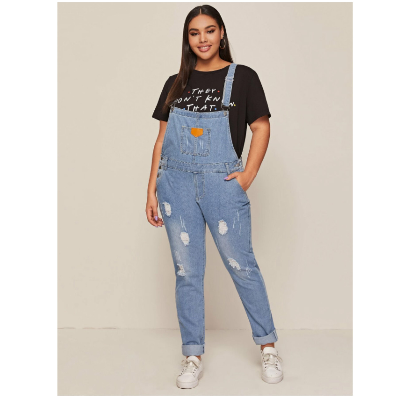 Plus pocket front ripped denim overall xl
