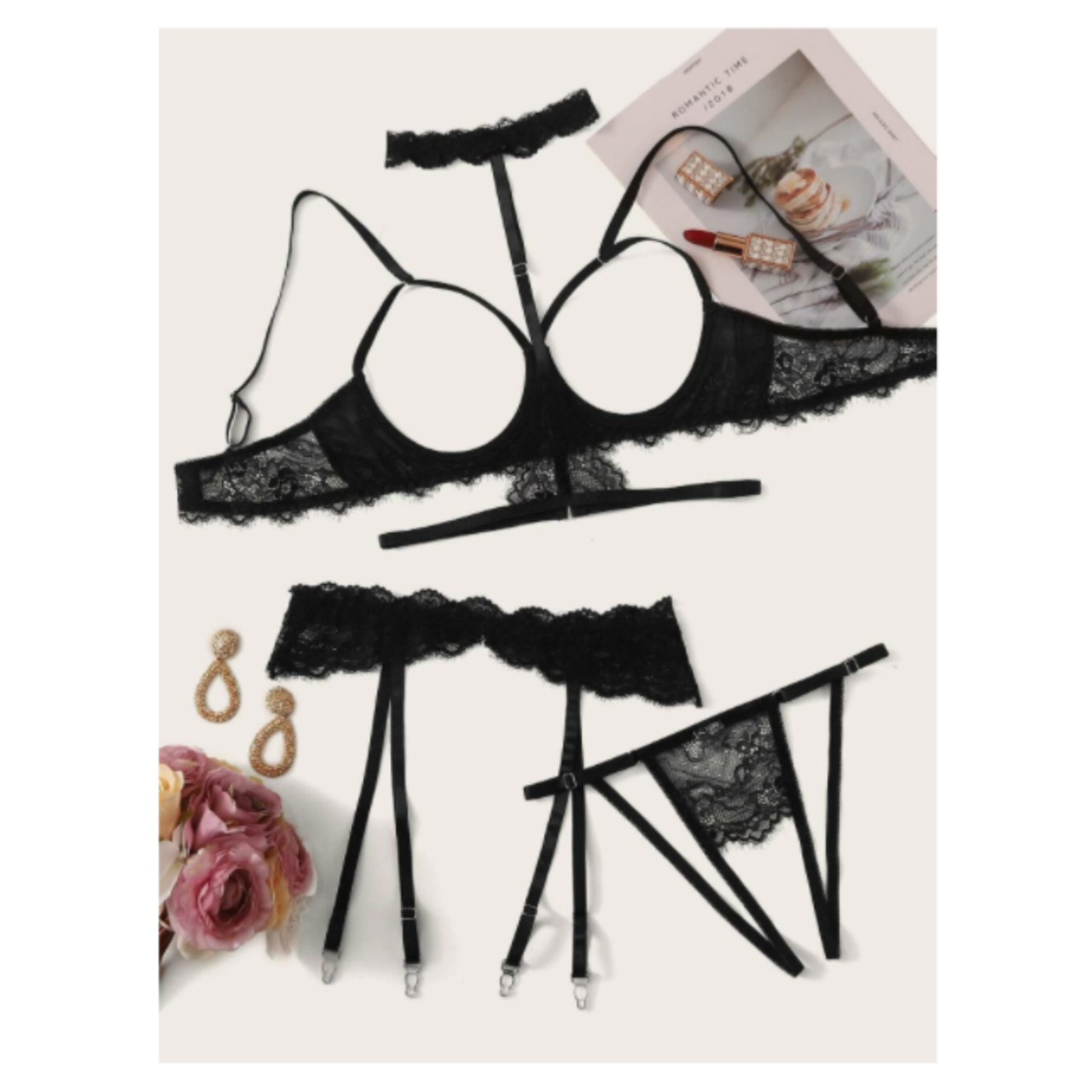 Eugris Eyelash Lace Garter Lingerie Set With Choker S