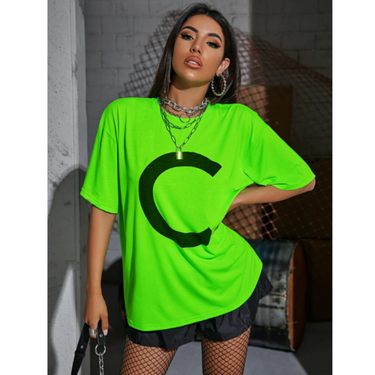 Neon green letter graphic oversized tee l