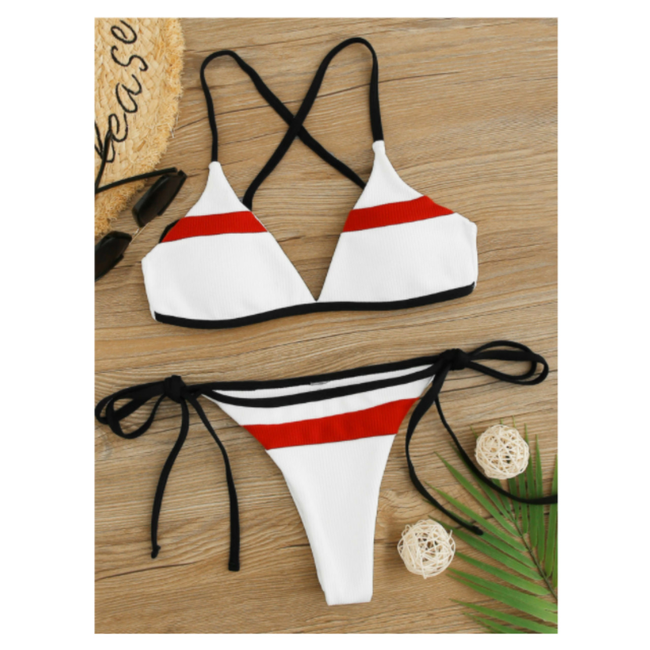 Colorblock rib tie side triangle bikini swimsuit l
