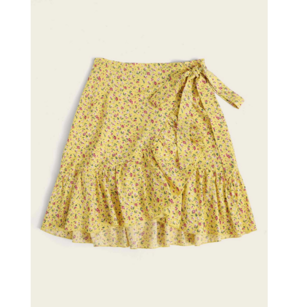 Ruffle trim wrap knotted ditsy floral skirt m