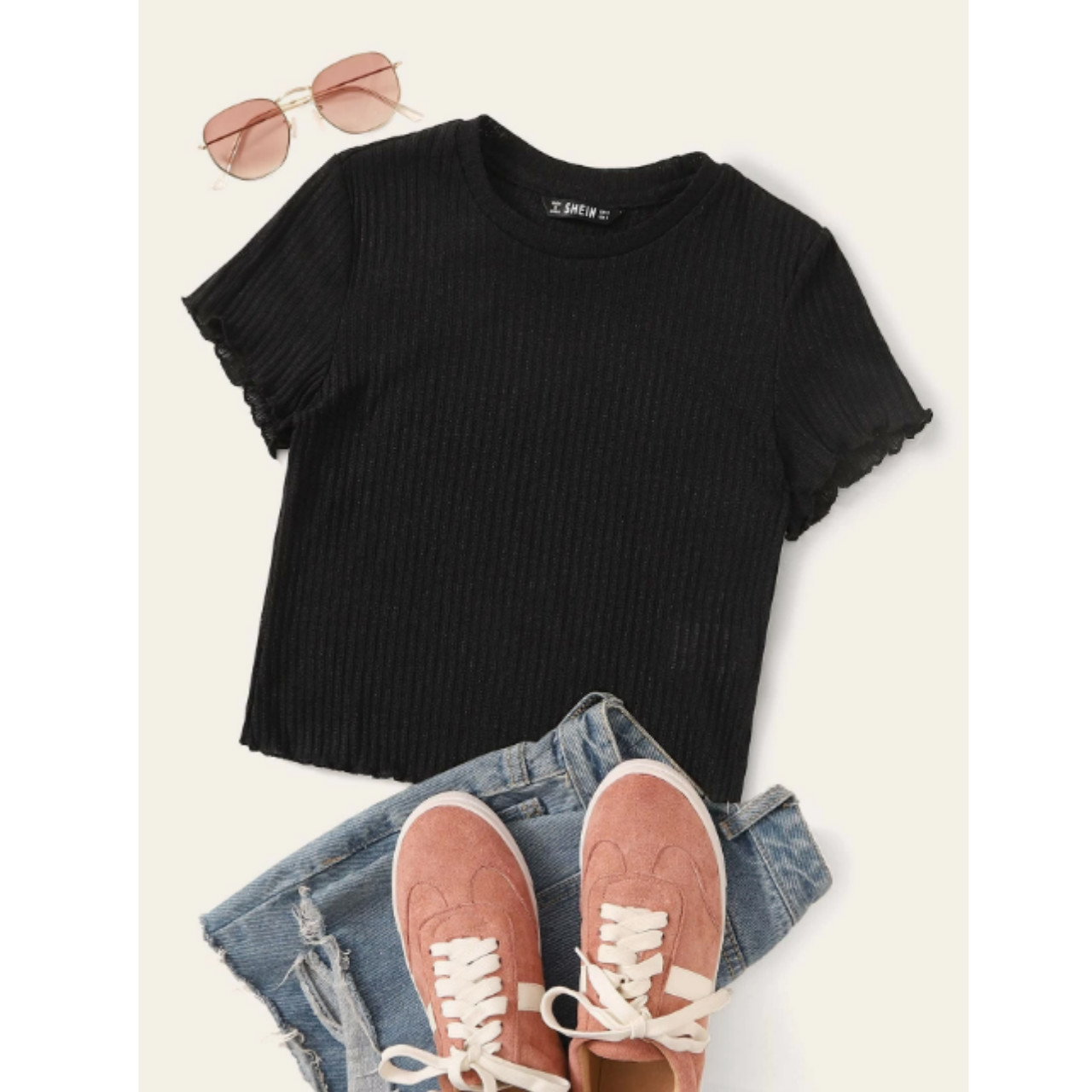 Ribbed lettuce-edge cropped tee m