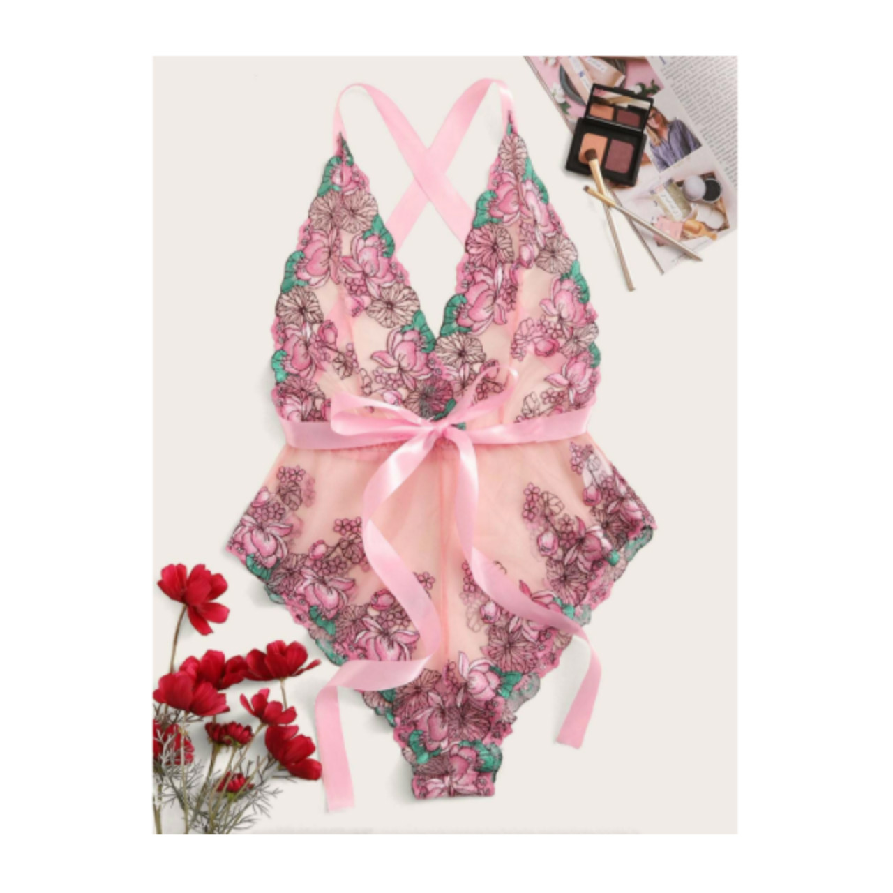 Floral embroidered knot sheer teddy bodysuit s