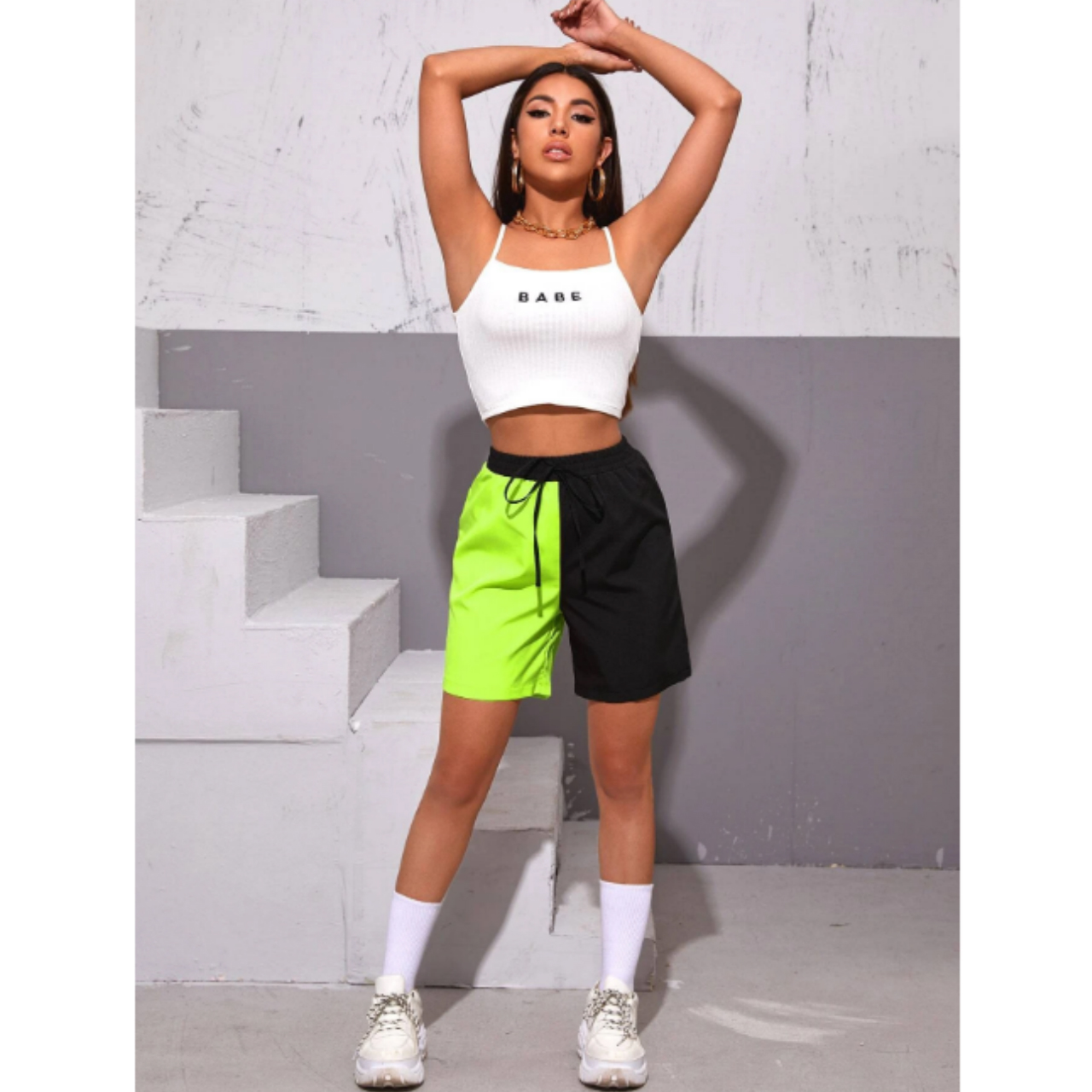 Neon lime tie front two tone shorts s