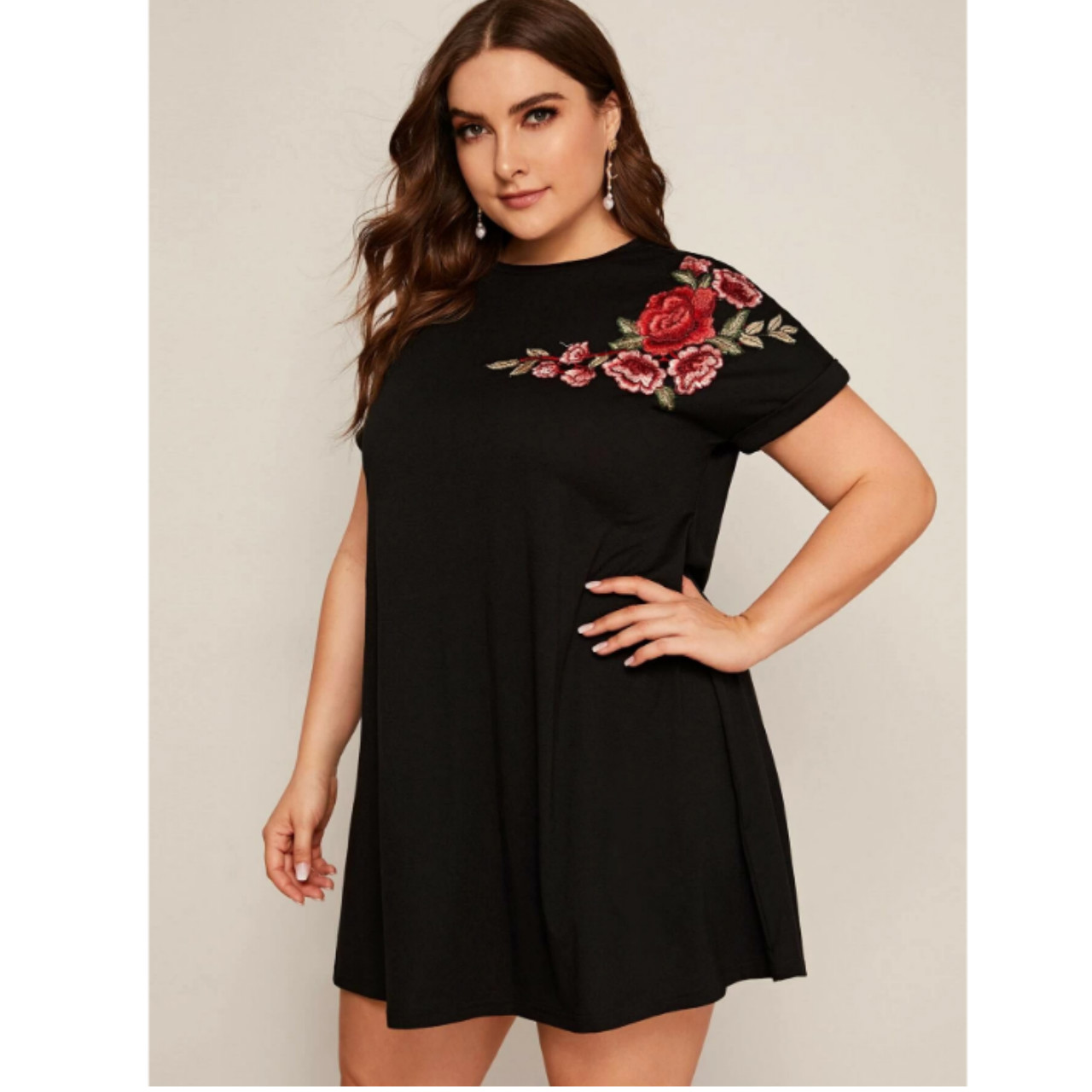 Plus embroidered rose patch tee dress 3xl
