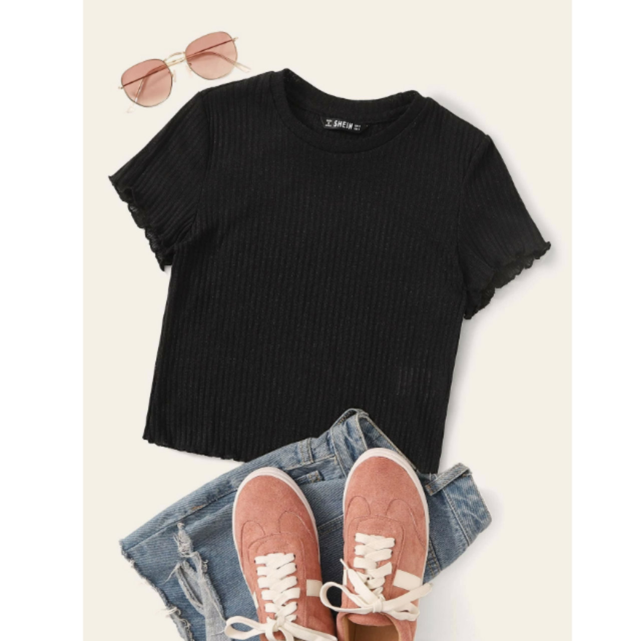 Ribbed lettuce-edge cropped tee s