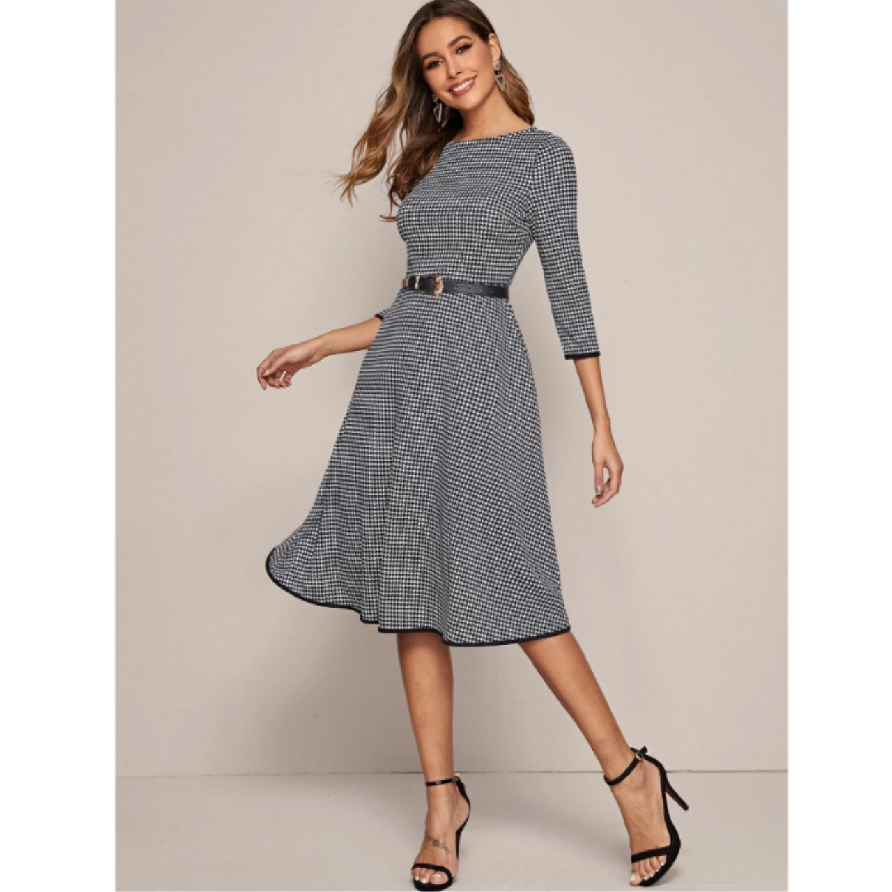 Binding detail houndstooth fit & flare dress l