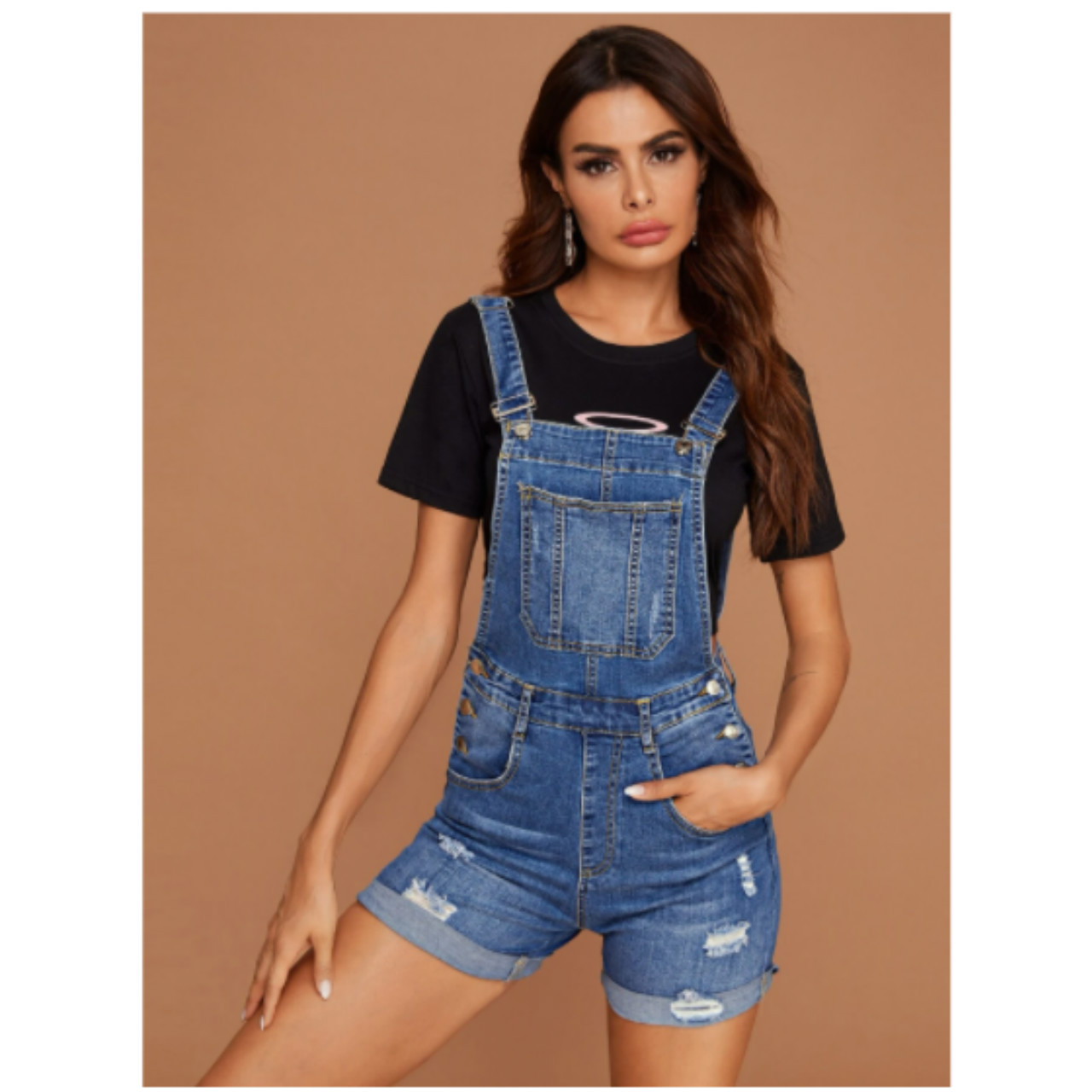 Pocket front ripped detail cuffed denim overall shorts s