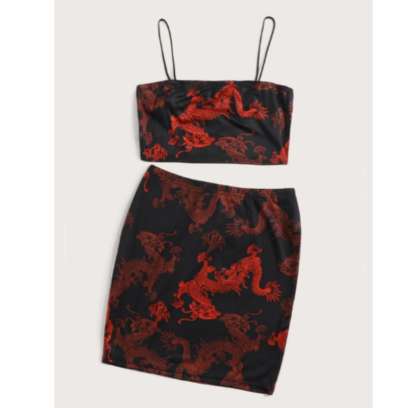Dragon print crop cami top & skirt set m