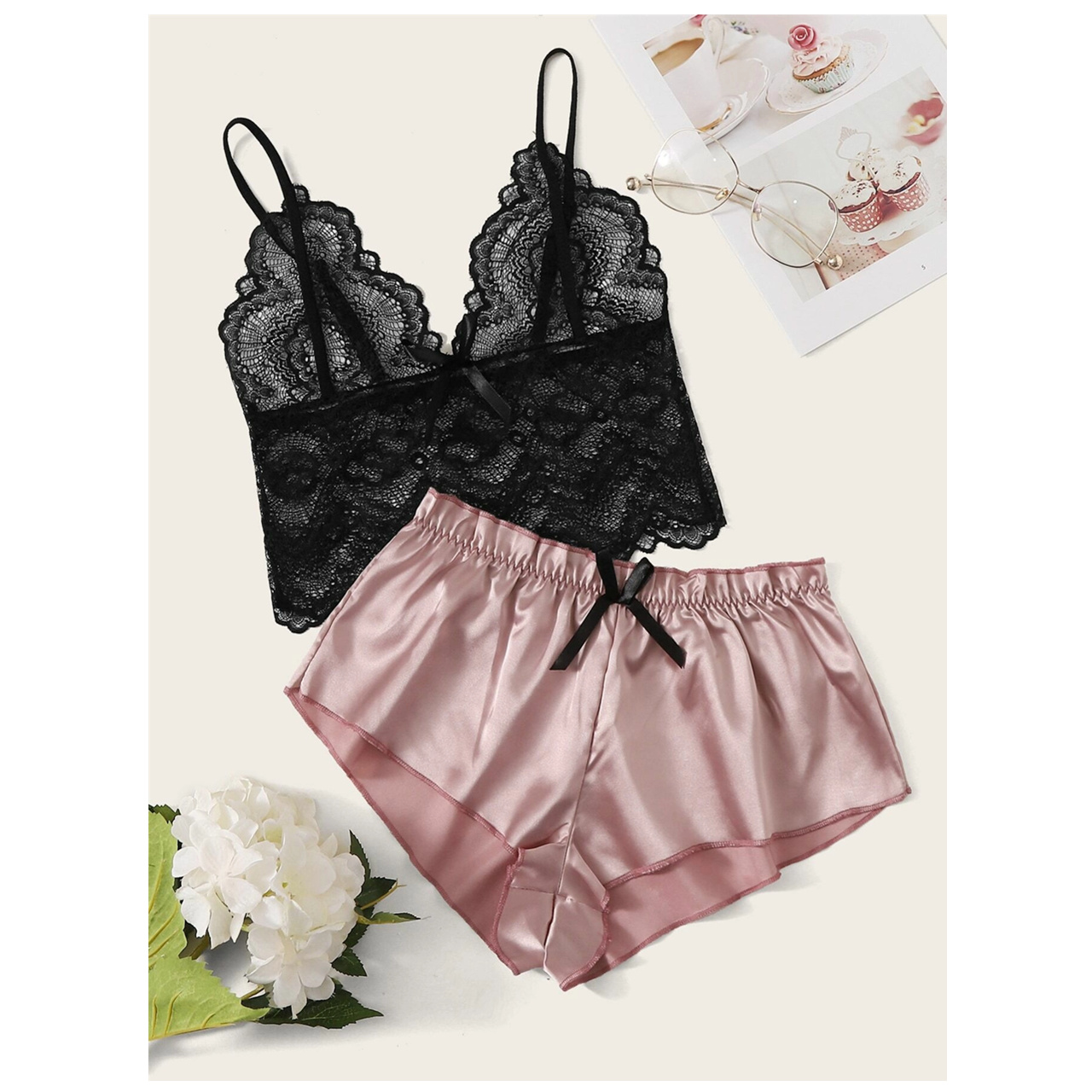Floral lace bralette with satin shorts s