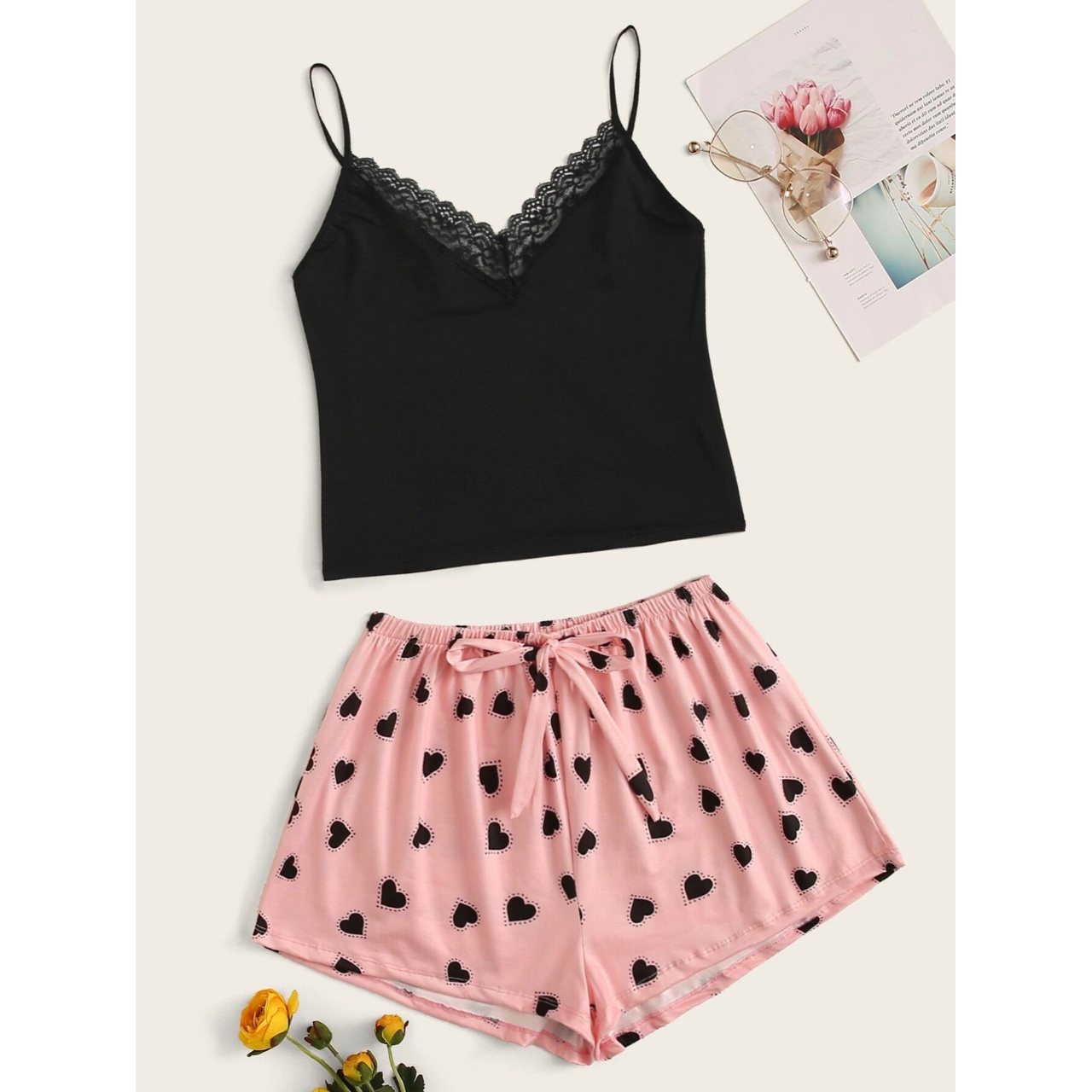 Lace trim cami top with heart shorts pj set s
