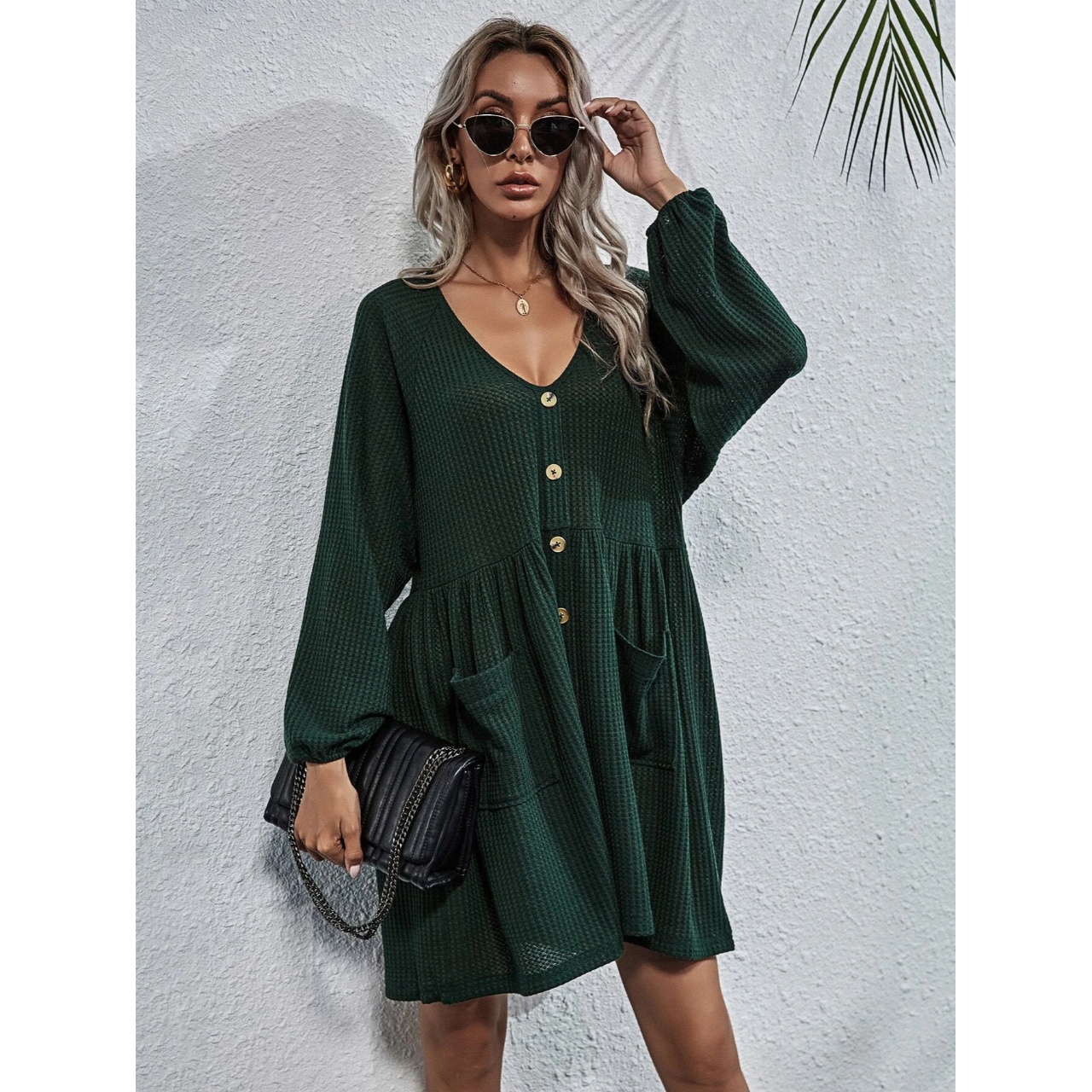 Button front waffle knit smock dress m