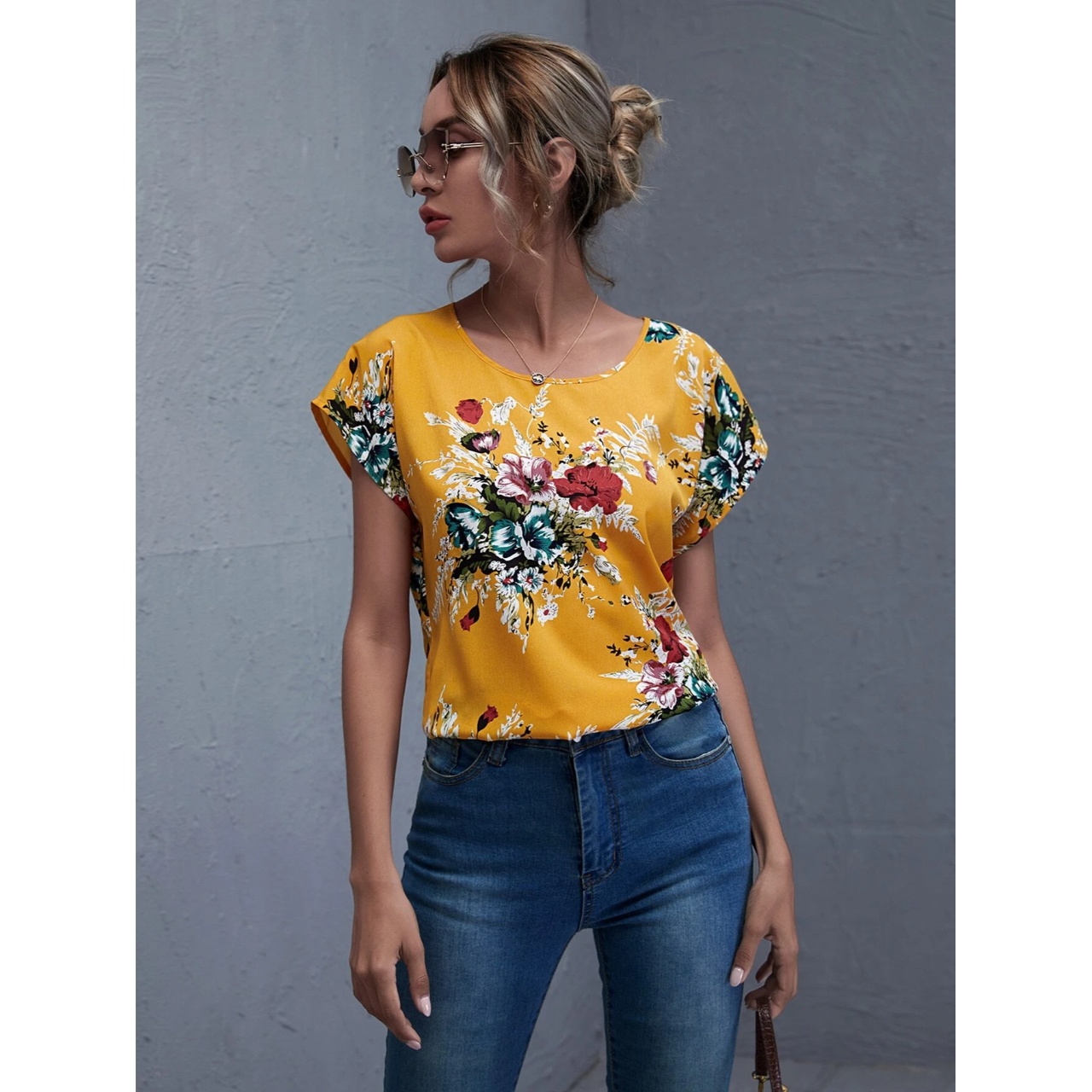 Shein batwing sleeve floral print top xl