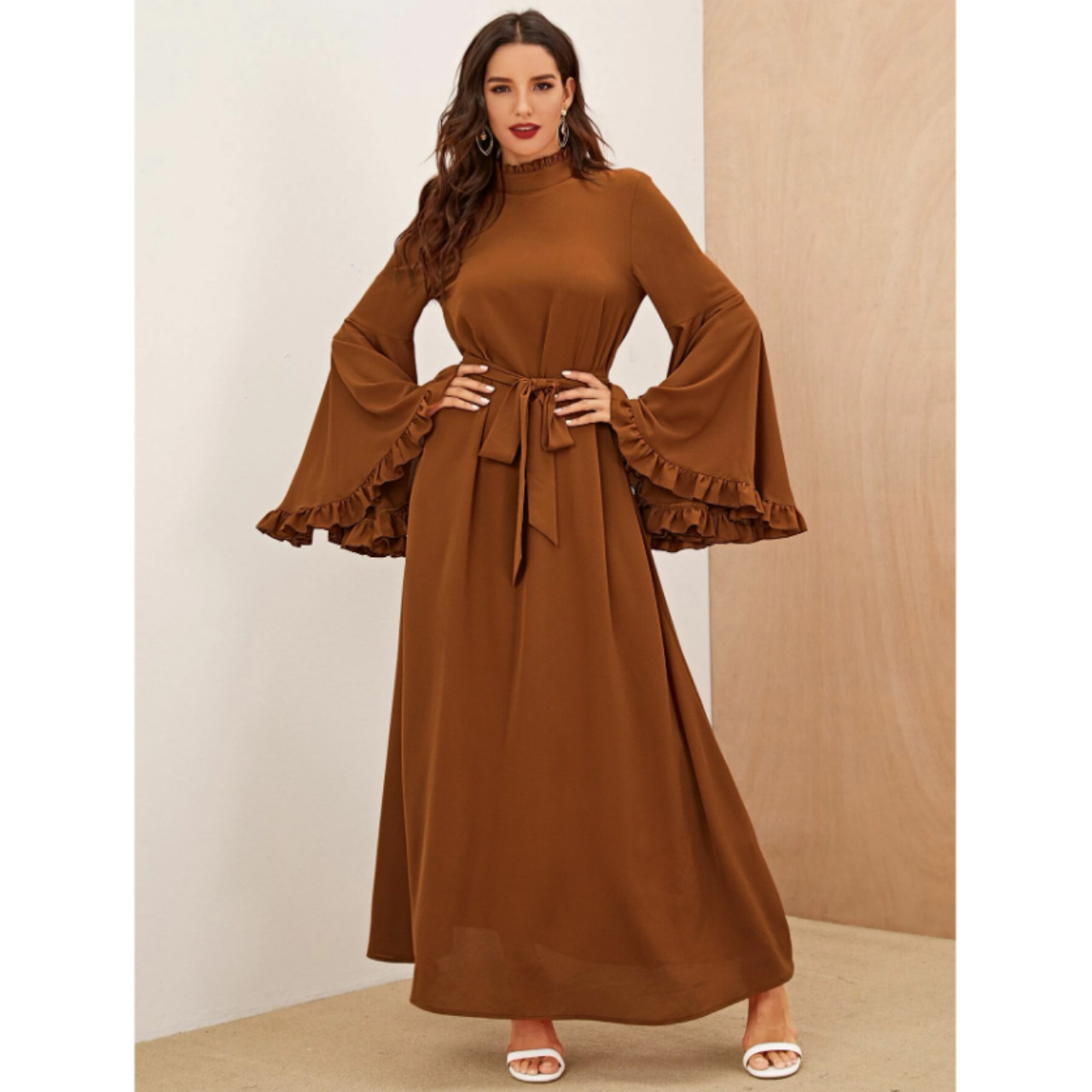 Exaggerate bell sleeve frilled trim belted dress l