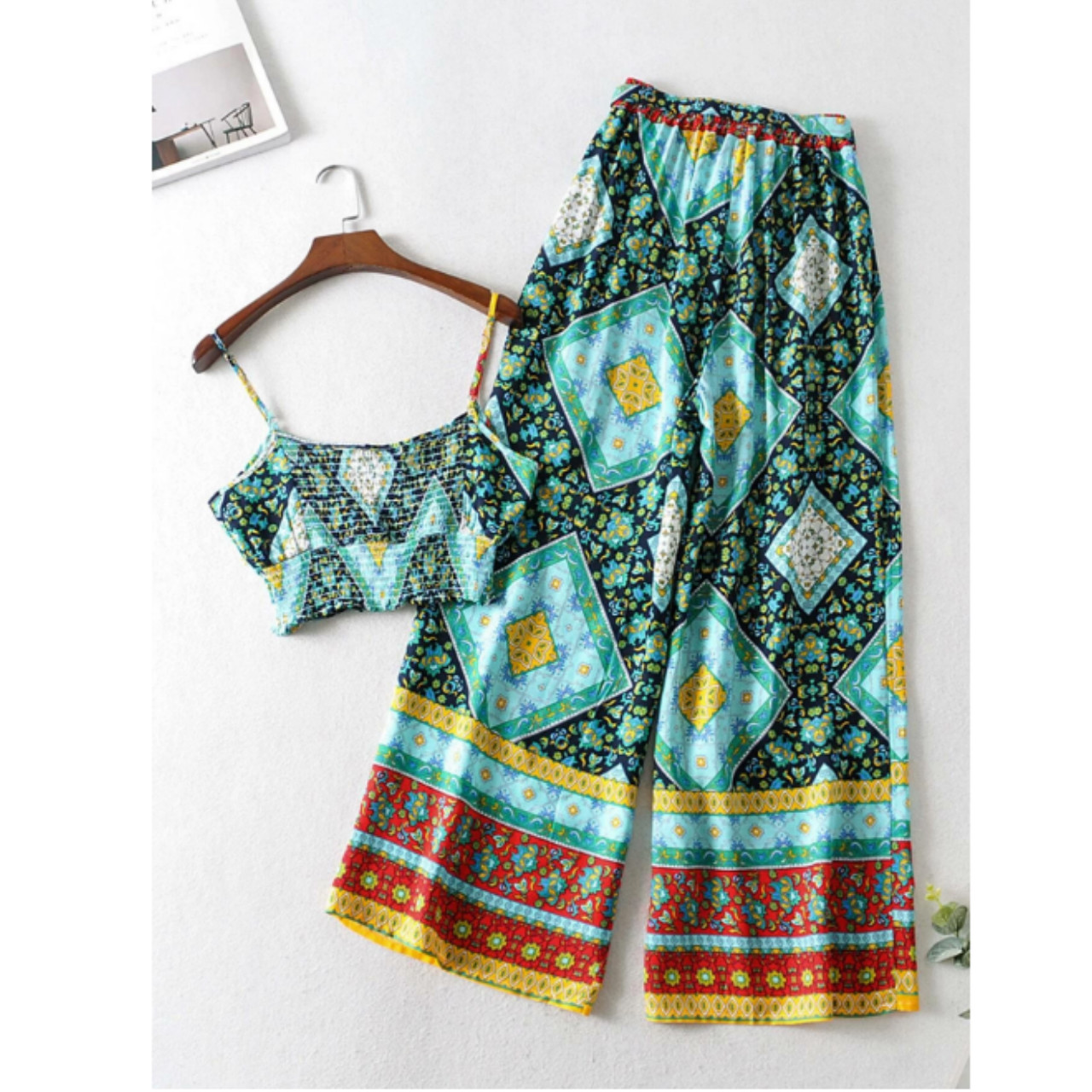 Tribal print shirred cami top & belted trousers m